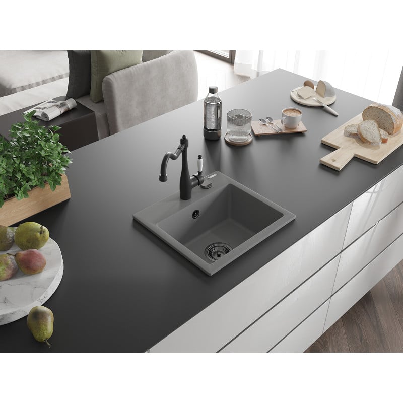 Mexen Milo fregadero de granito de 1 cubeta con grifo de cocina Carla, gris - 6505-71-670700-70-B