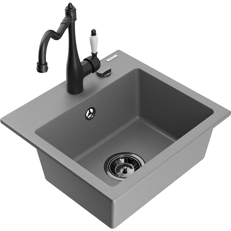 Mexen Milo fregadero de granito 1-cubeta con grifo de cocina Carla, gris - 6505-71-670700-70-B