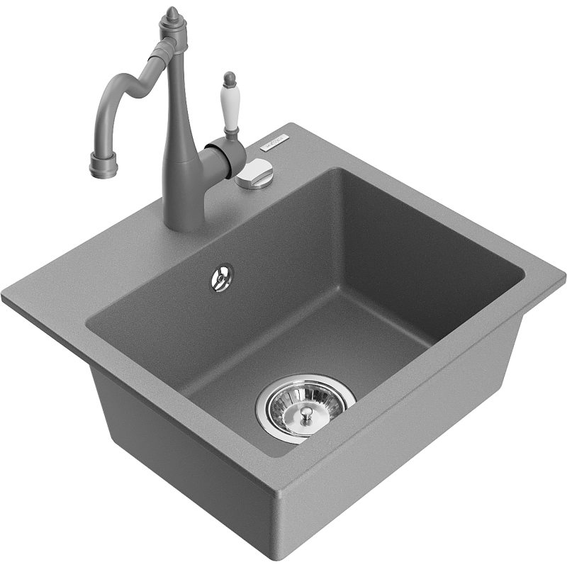 Mexen Milo 1-bowl granite sink with Carla kitchen tap, grey - 6505-71-670700-71