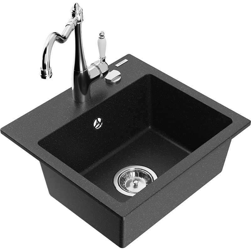 Mexen Milo fregadero de granito de 1 cubeta con grifo de cocina Carla, negro/plateado metálico - 6505-73-670700-00