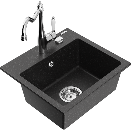 Mexen Milo granit gootsteen 1-komorige met keukenkraan Carla, zwart/zilver metallic - 6505-73-670700-00