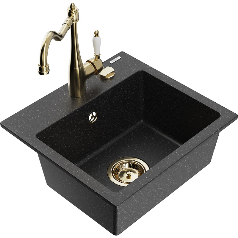 Mexen Milo granit gootsteen 1-kompartment met keukenkraan Carla, zwart/zilveren metallic - 6505-73-670700-50