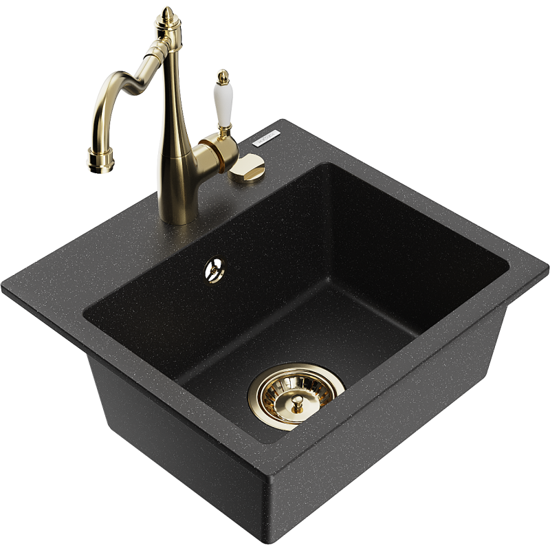 Mexen Milo lavello in granito 1-vasca con rubinetto da cucina Carla, nero/argento metallizzato - 6505-73-670700-50