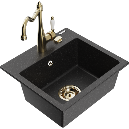 Mexen Milo 1-bowl granite sink with Carla kitchen tap, black/silver metallic - 6505-73-670700-50