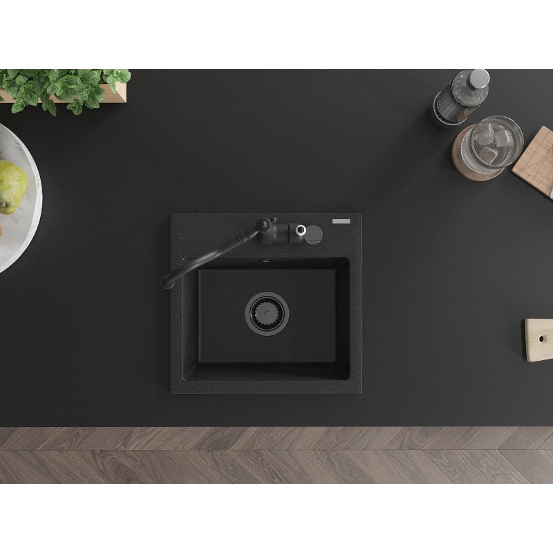 Mexen Milo granite sink 1-bowl with Carla kitchen tap, black/silver metallic - 6505-73-670700-70-B
