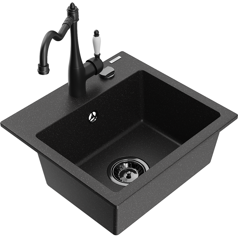 Mexen Milo fregadero de granito de 1 cubeta con grifo de cocina Carla, negro/plateado metálico - 6505-73-670700-70-B