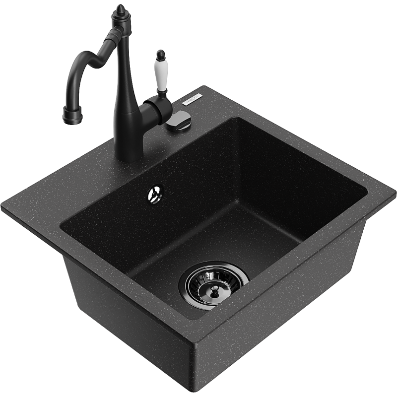 Mexen Milo Granitspüle 1-beckig mit Küchenarmatur Carla, schwarz/silber metallic - 6505-73-670700-70-B