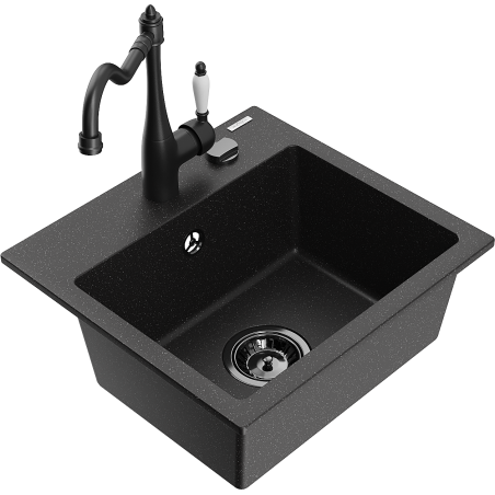 Mexen Milo fregadero de cocina de granito de 1 cubeta con grifo de cocina Carla, negro/metálico plateado - 6505-73-670700-70-B
