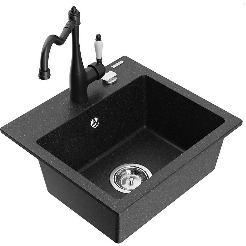 Mexen Milo fregadero de granito de 1 cubeta con grifo de cocina Carla, negro/plata metálica - 6505-73-670700-70