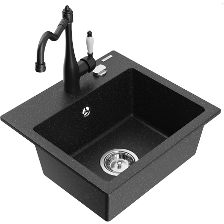 Mexen Milo 1-bowl granite sink with Carla kitchen tap, black/silver metallic - 6505-73-670700-70