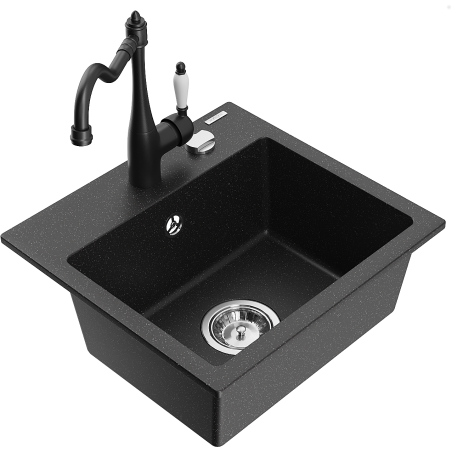 Mexen Milo granieten spoelbak 1-komerig met keukenmengkraan Carla, zwart/zilver metallic - 6505-73-670700-70