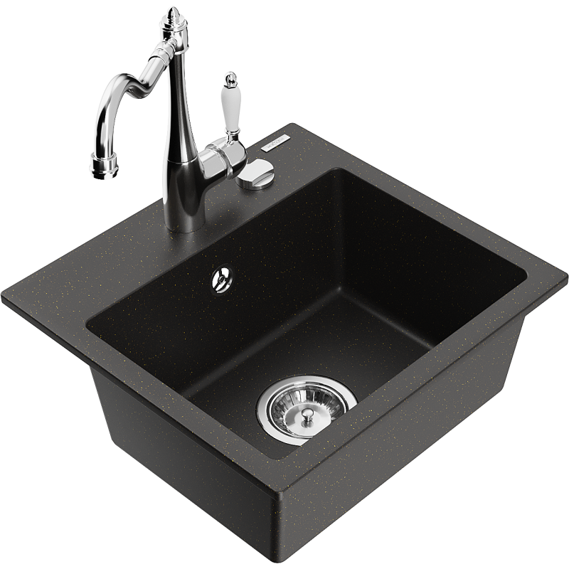 Mexen Milo granieten gootsteen 1-komor met keukenmengkraan Carla, zwart/goud metallic - 6505-75-670700-00