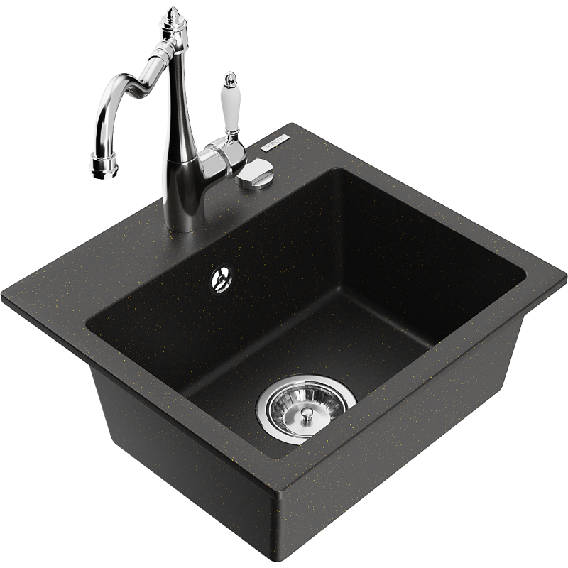 Mexen Milo lava-louça de granito com 1 cuba e misturadora de cozinha Carla, preto/dourado metálico - 6505-75-670700-00