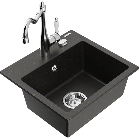 Mexen Milo 1-bowl granite sink with Carla kitchen tap, black/gold metallic - 6505-75-670700-00