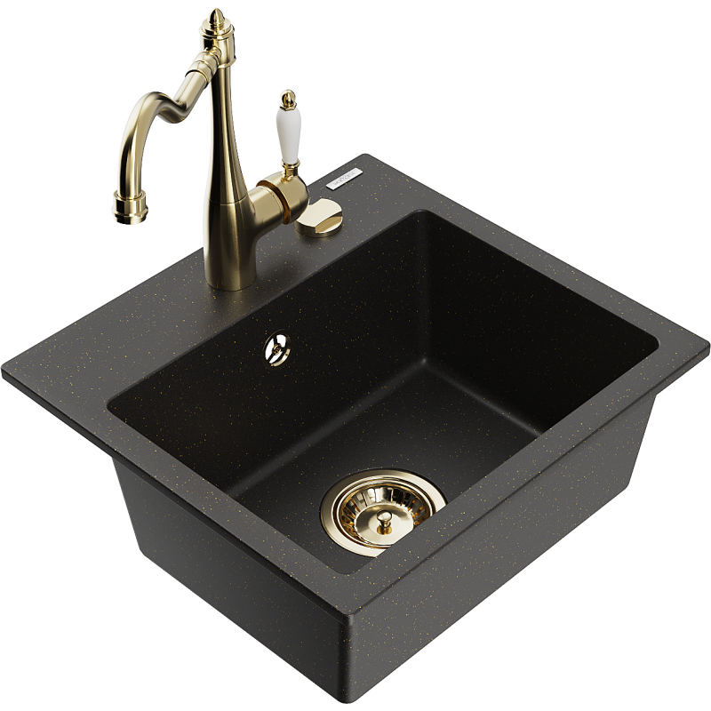 Mexen Milo fregadero de granito de 1 seno con grifo de cocina Carla, negro/dorado metálico - 6505-75-670700-50