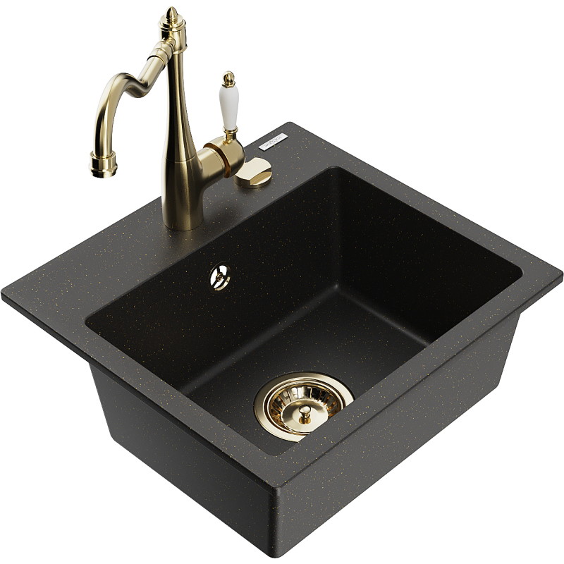 Mexen Milo granieten spoelbak met 1 bak en keukenmengkraan Carla, zwart/goud metallic - 6505-75-670700-50