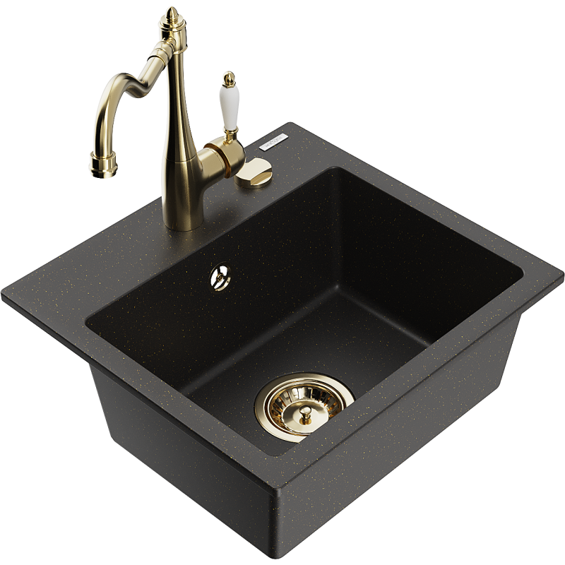 Mexen Milo Granitspüle 1-beckig mit Küchenarmatur Carla, schwarz/gold metallic - 6505-75-670700-50