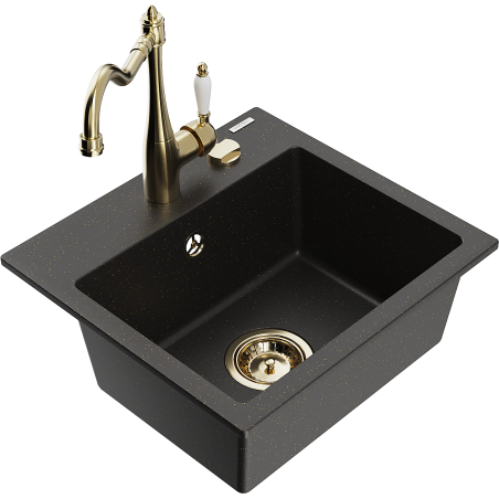Mexen Milo granite sink 1-bowl with Carla kitchen tap, black/gold metallic - 6505-75-670700-50