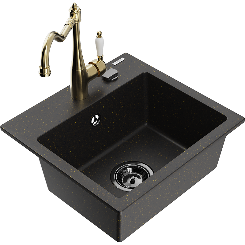 Mexen Milo granite kitchen sink 1-bowl with Carla kitchen tap, black/gold metallic - 6505-75-670700-50-B