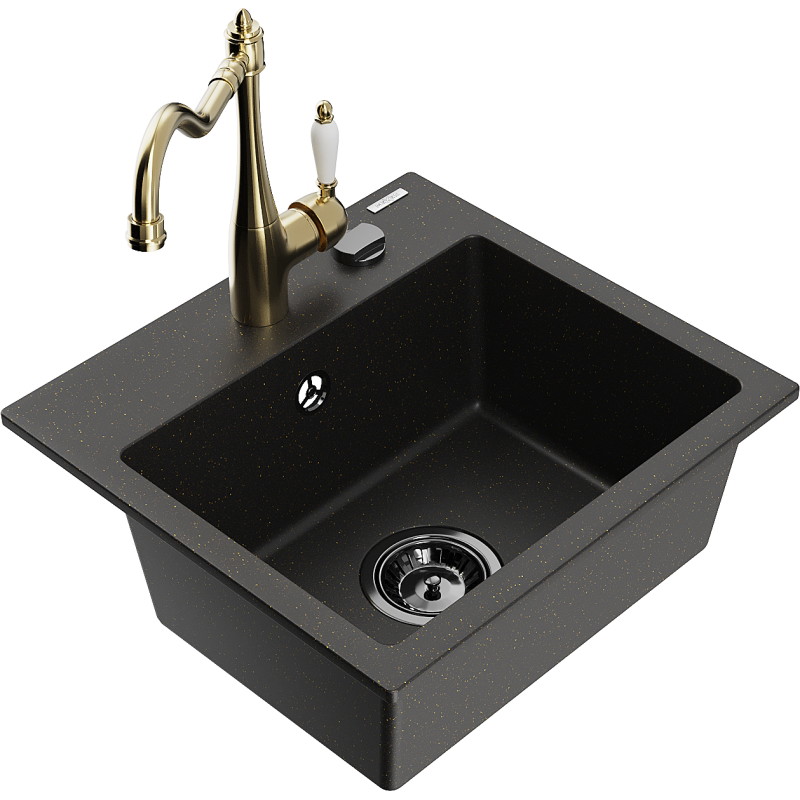 Mexen Milo granitische gootsteen met 1 bak en keukenmengkraan Carla, zwart/gouden metallic - 6505-75-670700-50-B