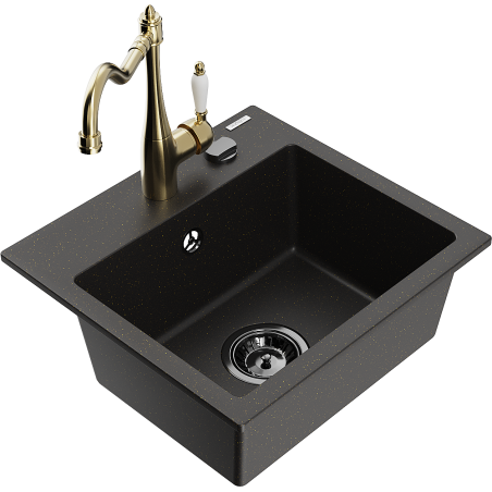 Mexen Milo fregadero de granito de 1 seno con grifo de cocina Carla, negro/dorado metálico - 6505-75-670700-50-B