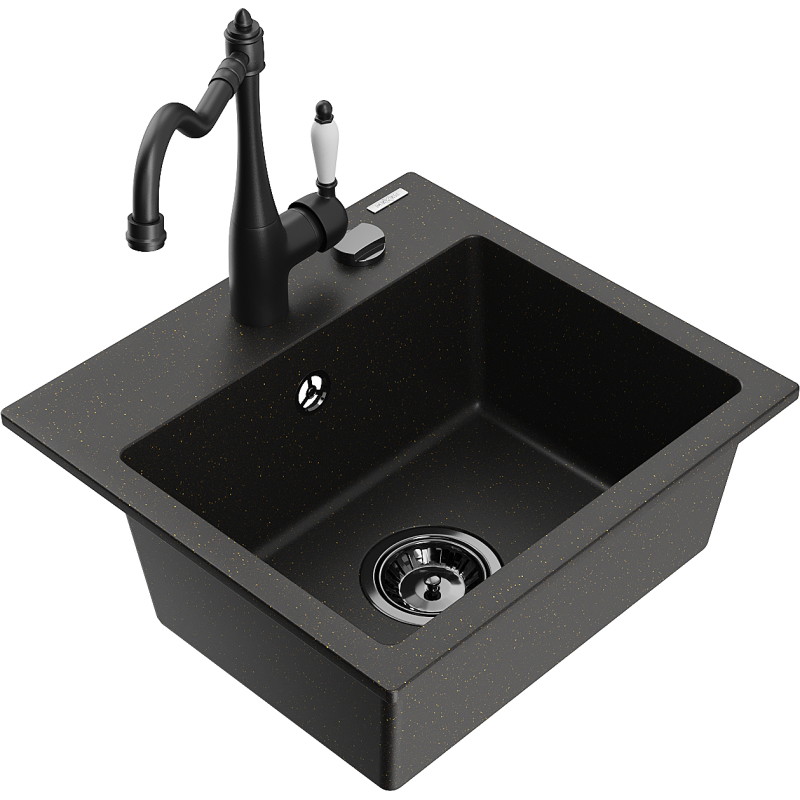 Mexen Milo fregadero de granito de 1 seno con grifo de cocina Carla, negro/dorado metálico - 6505-75-670700-70-B
