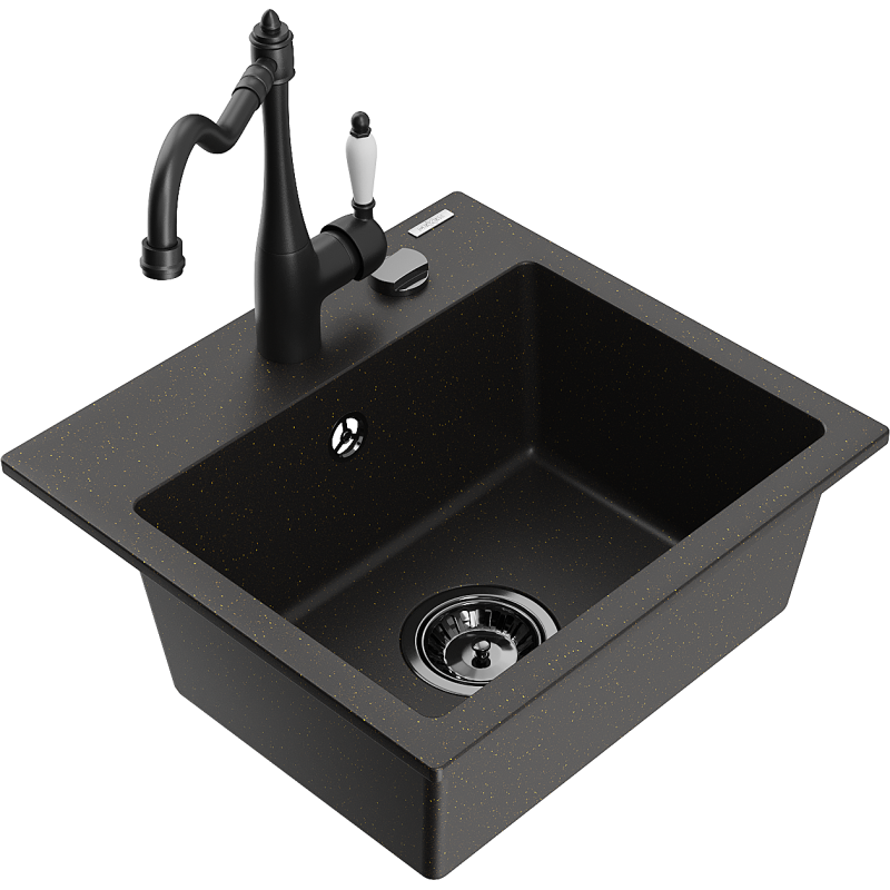 Mexen Milo granite sink 1-bowl with Carla kitchen tap, black/golden metallic - 6505-75-670700-70-B