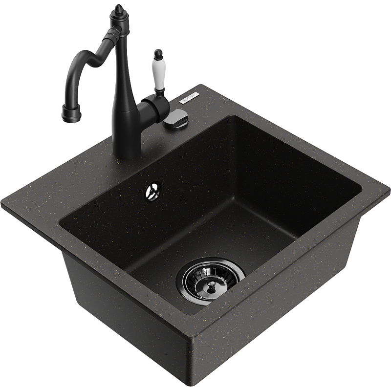Mexen Milo lava-louças de granito de 1 cuba com torneira de cozinha Carla, preto/dourado metálico - 6505-75-670700-70-B