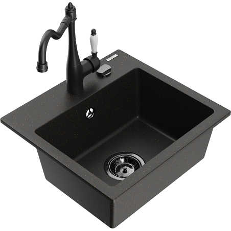 Mexen Milo lava-louças de granito de 1 cuba com torneira de cozinha Carla, preto/dourado metálico - 6505-75-670700-70-B