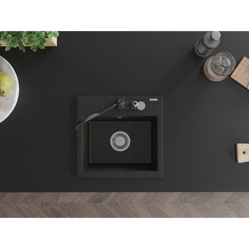 Mexen Milo granitspüle mit 1 Becken und Küchenarmatur Carla, schwarz/gold metallic - 6505-75-670700-70