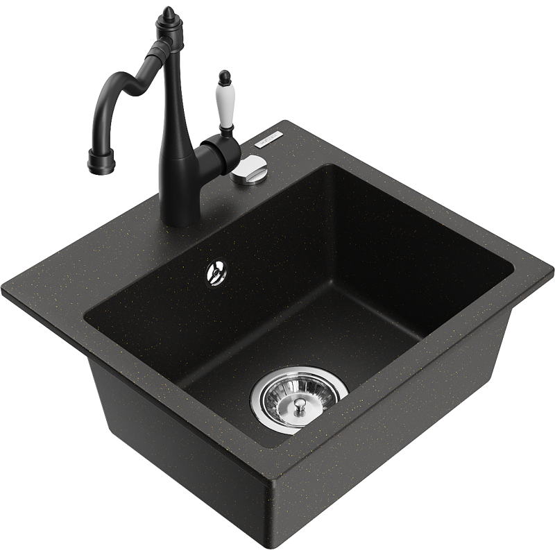 Mexen Milo granit gootsteen 1-komoers met keukenmengkraan Carla, zwart/goud metallic - 6505-75-670700-70