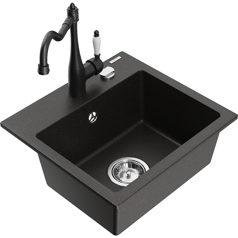 Mexen Milo lavello da cucina in granito 1-vasca con miscelatore da cucina Carla, nero/oro metallizzato - 6505-75-670700-70