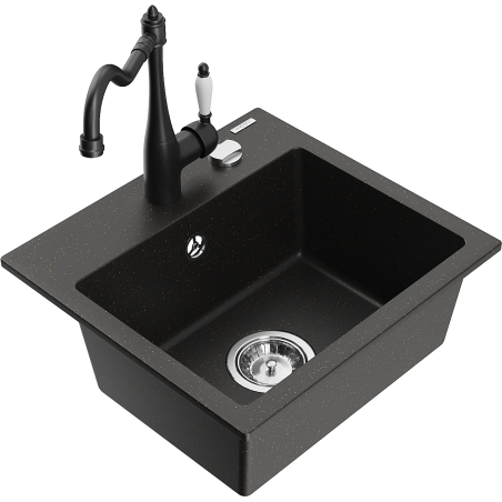 Mexen Milo granit gootsteen 1-komoers met keukenmengkraan Carla, zwart/goud metallic - 6505-75-670700-70