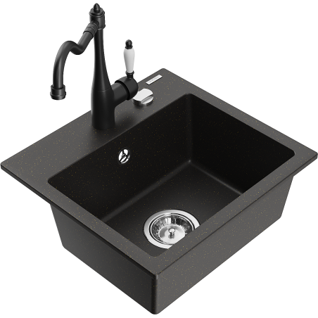 Mexen Milo Granitspüle 1-Becken mit Küchenarmatur Carla, schwarz/gold metallic - 6505-75-670700-70