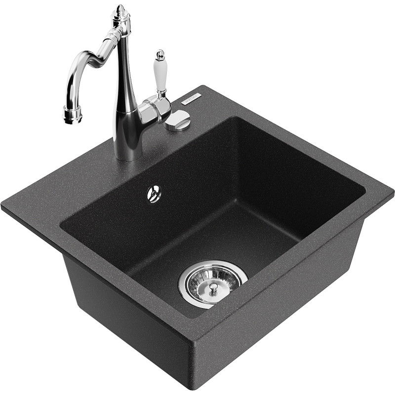 Mexen Milo fregadero de granito de 1 cámara con grifo de cocina Carla, negro moteado - 6505-76-670700-00