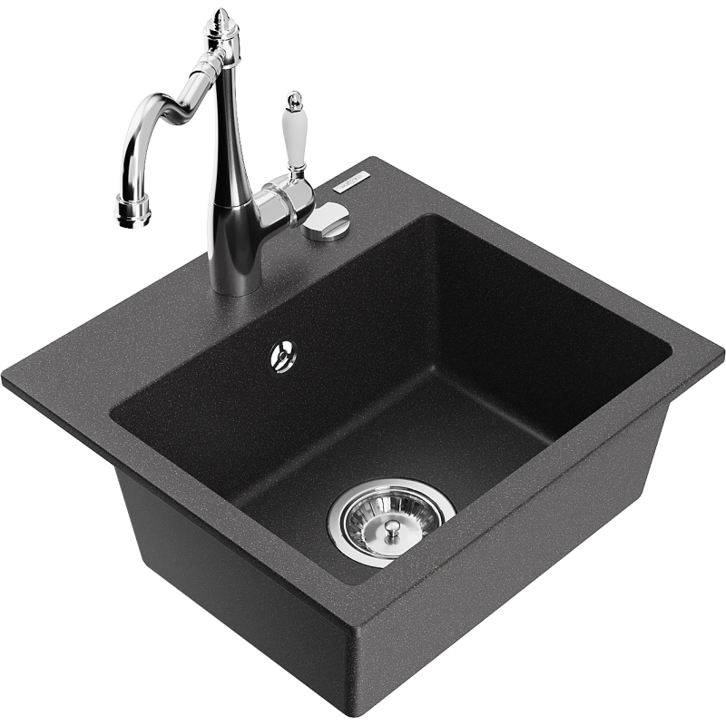 Mexen Milo granite kitchen sink 1-bowl with Carla kitchen tap, black speckled - 6505-76-670700-00