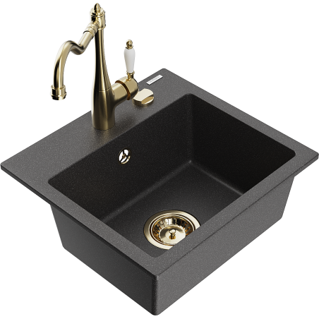 Mexen Milo 1-bowl granite sink with Carla kitchen tap, black speckled - 6505-76-670700-50