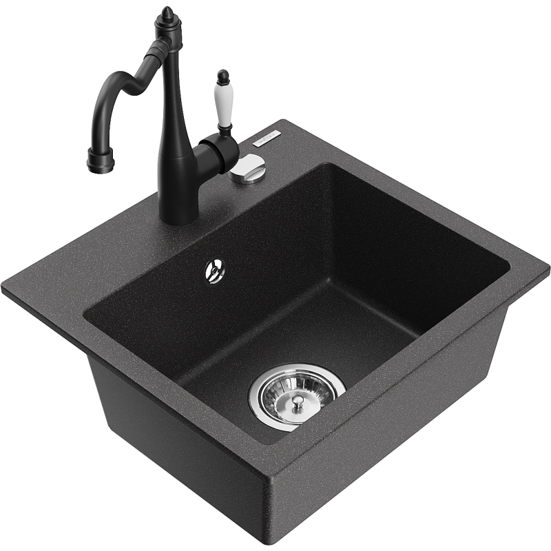 Mexen Milo 1-bowl Granite Kitchen Sink with Carla Faucet, Black Speckled - 6505-76-670700-70