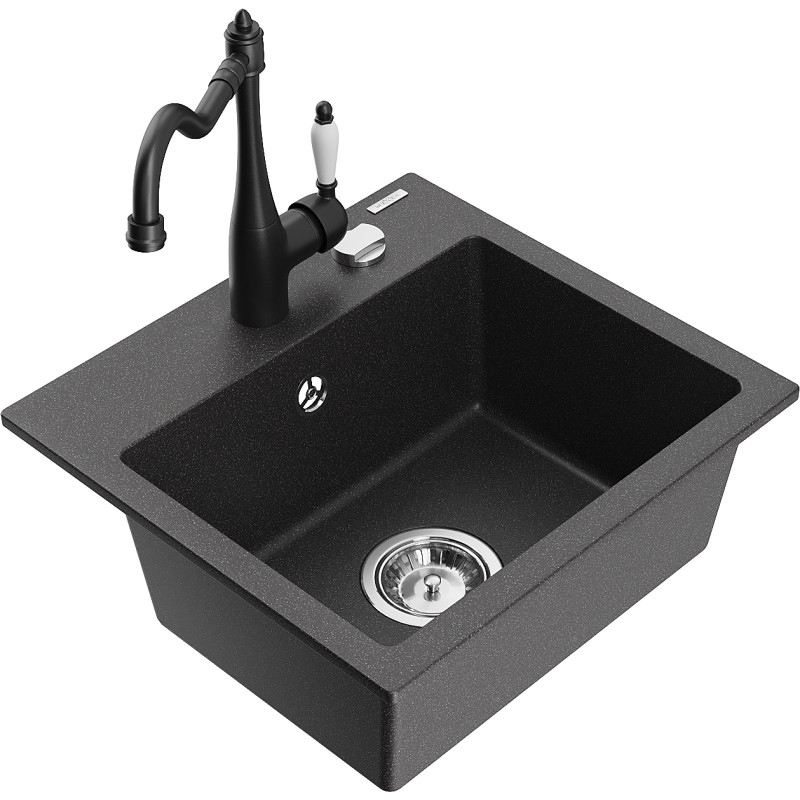 Mexen Milo fregadero de granito de 1 cubeta con grifo de cocina Carla, negro moteado - 6505-76-670700-70