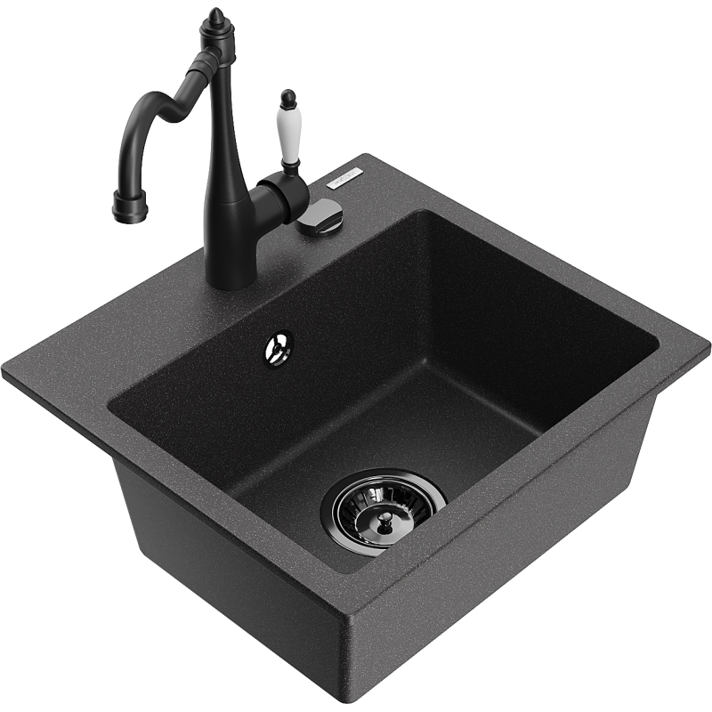 Mexen Milo fregadero de granito de 1 compartimento con grifo de cocina Carla, negro moteado - 6505-76-670700-70-B