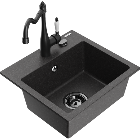 Mexen Milo granite kitchen sink single-bowl with Carla kitchen tap, black speckled - 6505-76-670700-70-B