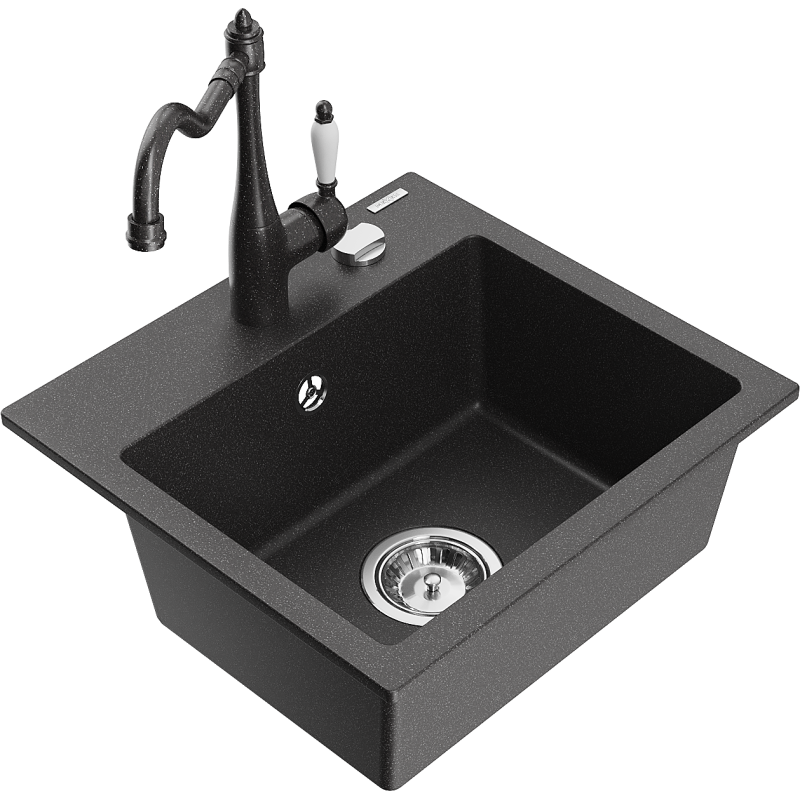Mexen Milo fregadero de granito 1-cubeta con grifo de cocina Carla, negro moteado - 6505-76-670700-76