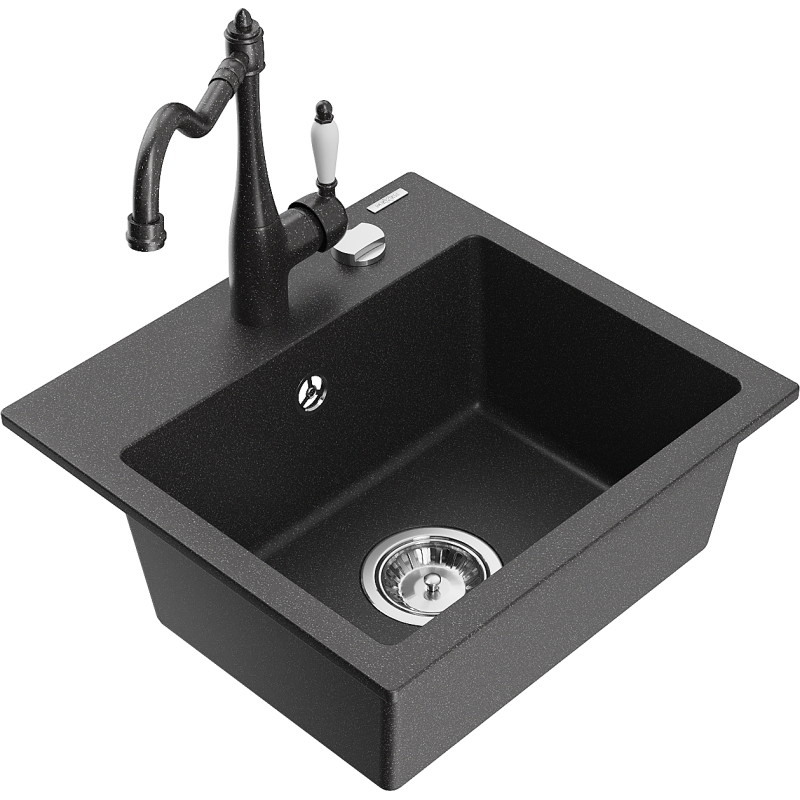 Mexen Milo fregadero de granito de 1 cubeta con grifo de cocina Carla, negro moteado - 6505-76-670700-76