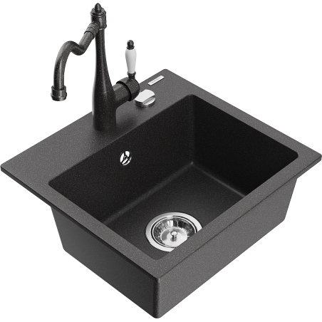 Mexen Milo granite kitchen sink 1-bowl with Carla kitchen tap, black speckled - 6505-76-670700-76