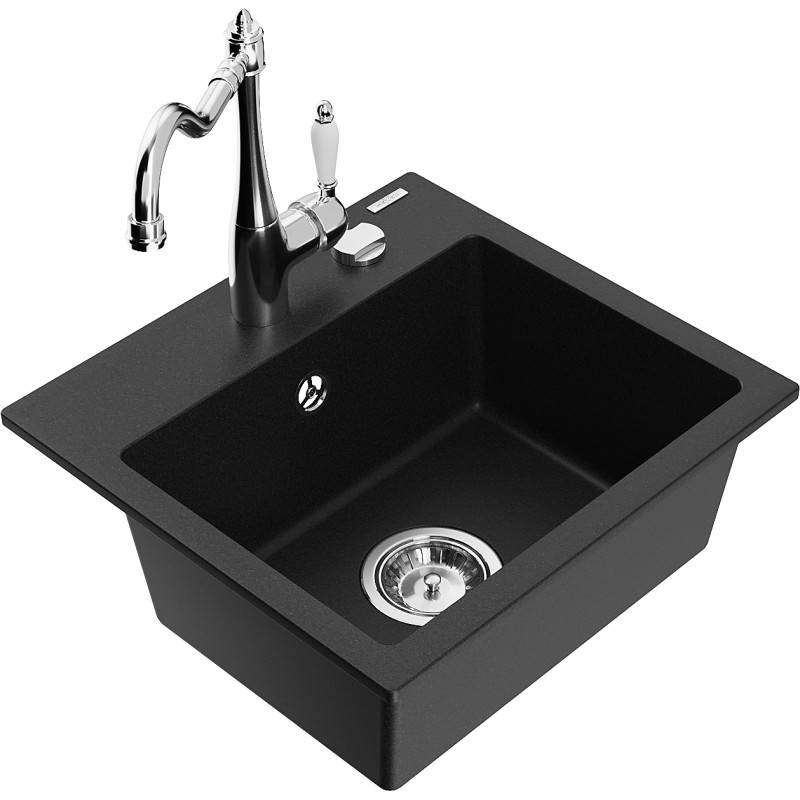 Mexen Milo fregadero de granito de 1 compartimento con grifo de cocina Carla, negro - 6505-77-670700-00