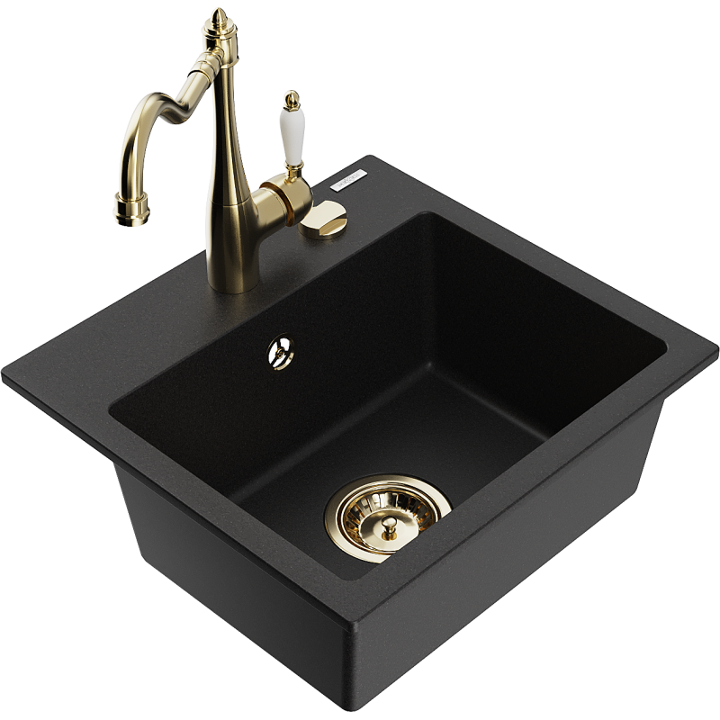 Mexen Milo granite kitchen sink 1-bowl with Carla kitchen tap, black - 6505-77-670700-50