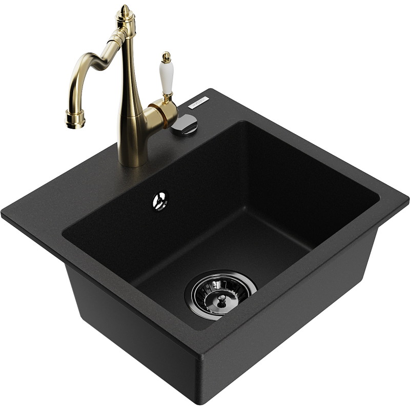 Mexen Milo fregadero de granito de 1 seno con grifo de cocina Carla, negro - 6505-77-670700-50-B