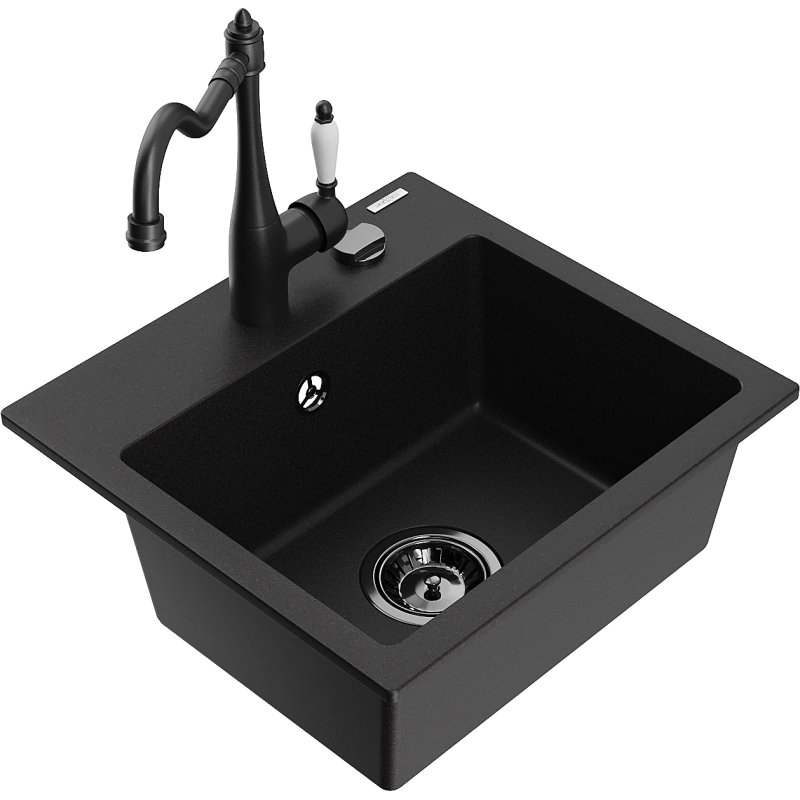 Mexen Milo évier en granit 1 bac avec robinet de cuisine Carla, noir - 6505-77-670700-70-B