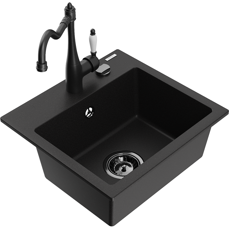 Mexen Milo fregadero de cocina de granito de 1 seno con grifo de cocina Carla, negro - 6505-77-670700-70-B