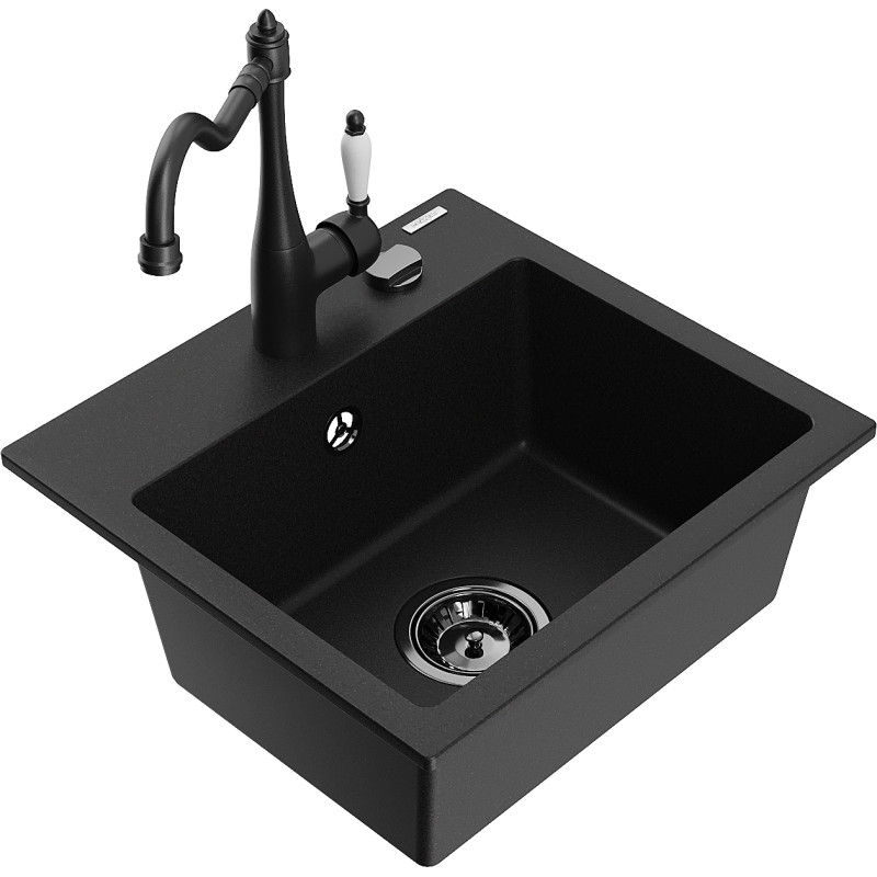 Mexen Milo fregadero de granito de 1 compartimento con grifo de cocina Carla, negro - 6505-77-670700-70-B